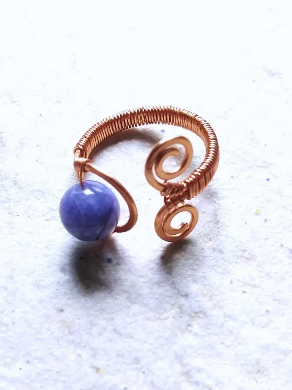 Hand Crafted! Feminine Copper Wire Ring w. Purple/Gray Agate - Adjustable Sz 6-7